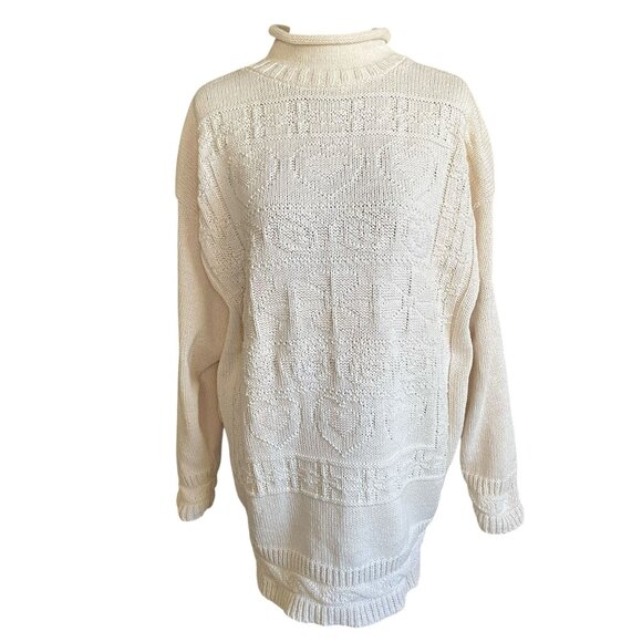 Vintage Cream Knitted Turtleneck Sweater Women's Large With Heart Pattern Design - Picture 1 of 8